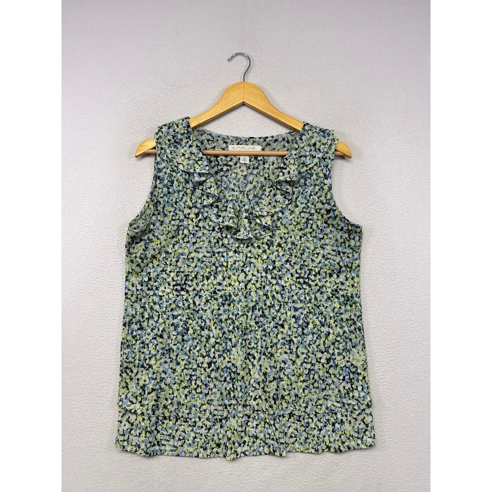 Modern Career Emaline Womens Medium Blue Green Ruffle Sleeveless Shell Office